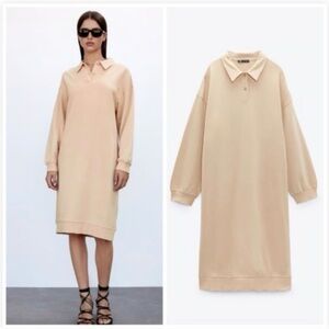 Zara Beige/Nude Polo Sweatshirt Midi Dress
